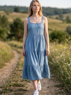 NWT The Drop Light Blue Denim Tiered Dress - Women Sz XS (can fit small)
